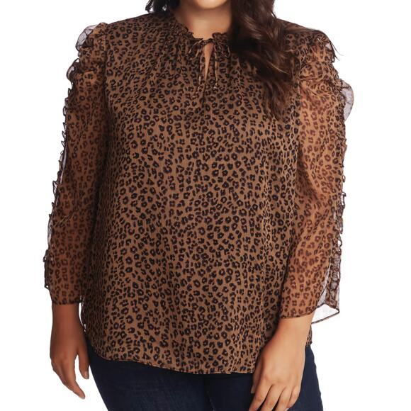 Cece Emery Ruffled Sheer Sleeve Leopard Print Shirt Womens Plus Size 1X - Picture 5 of 5